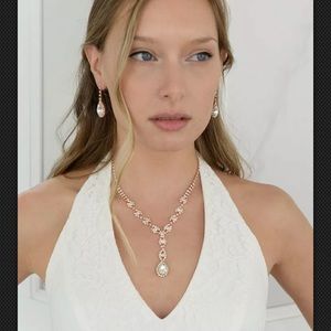 Mariell RoseGold Plated Rhinestone Necklace Earrings. Wedding, bridesmaid